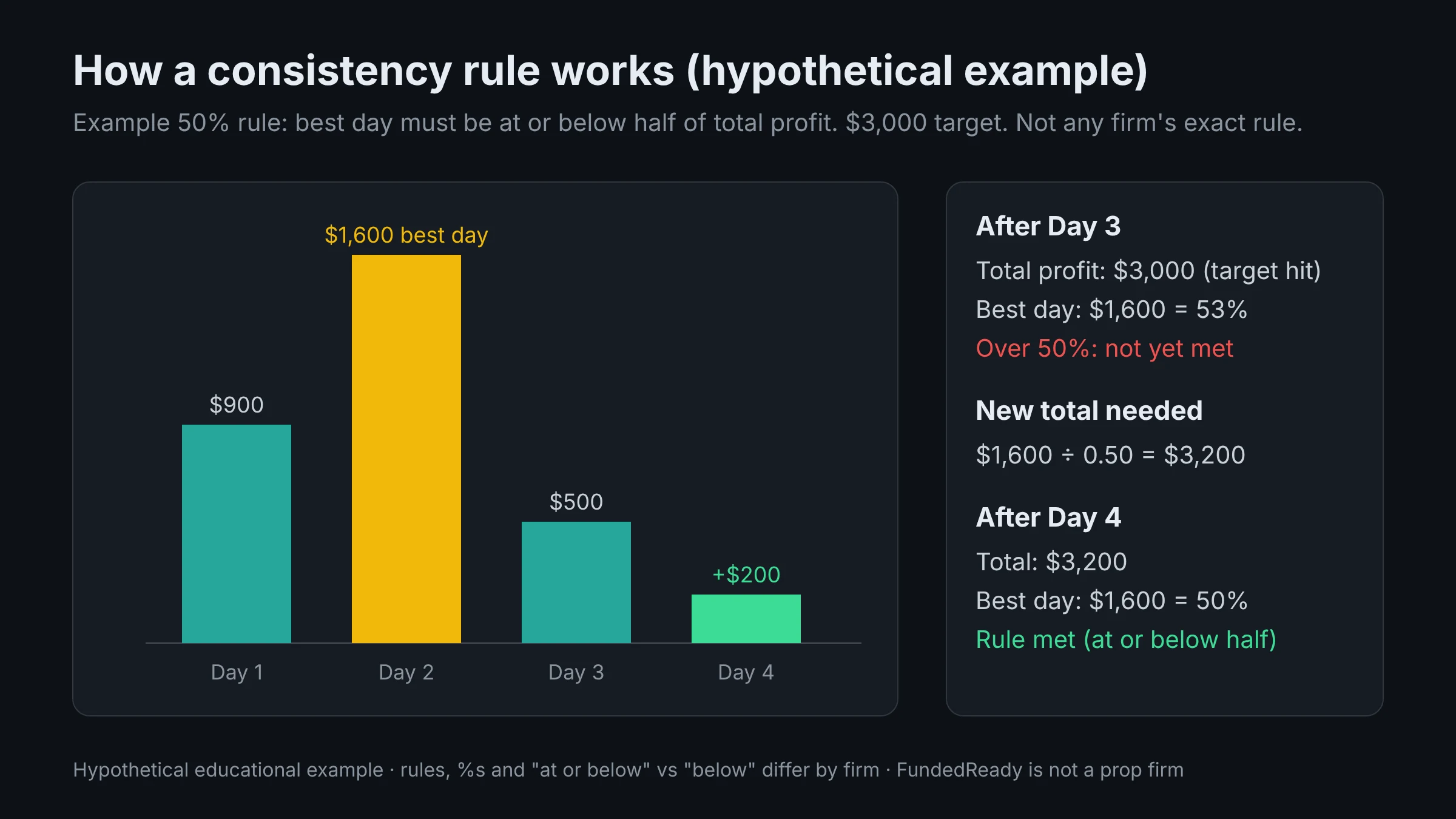 Hypothetical example of a 50% consistency rule: a $1,600 best day means total profit must reach $3,200 before the rule is met